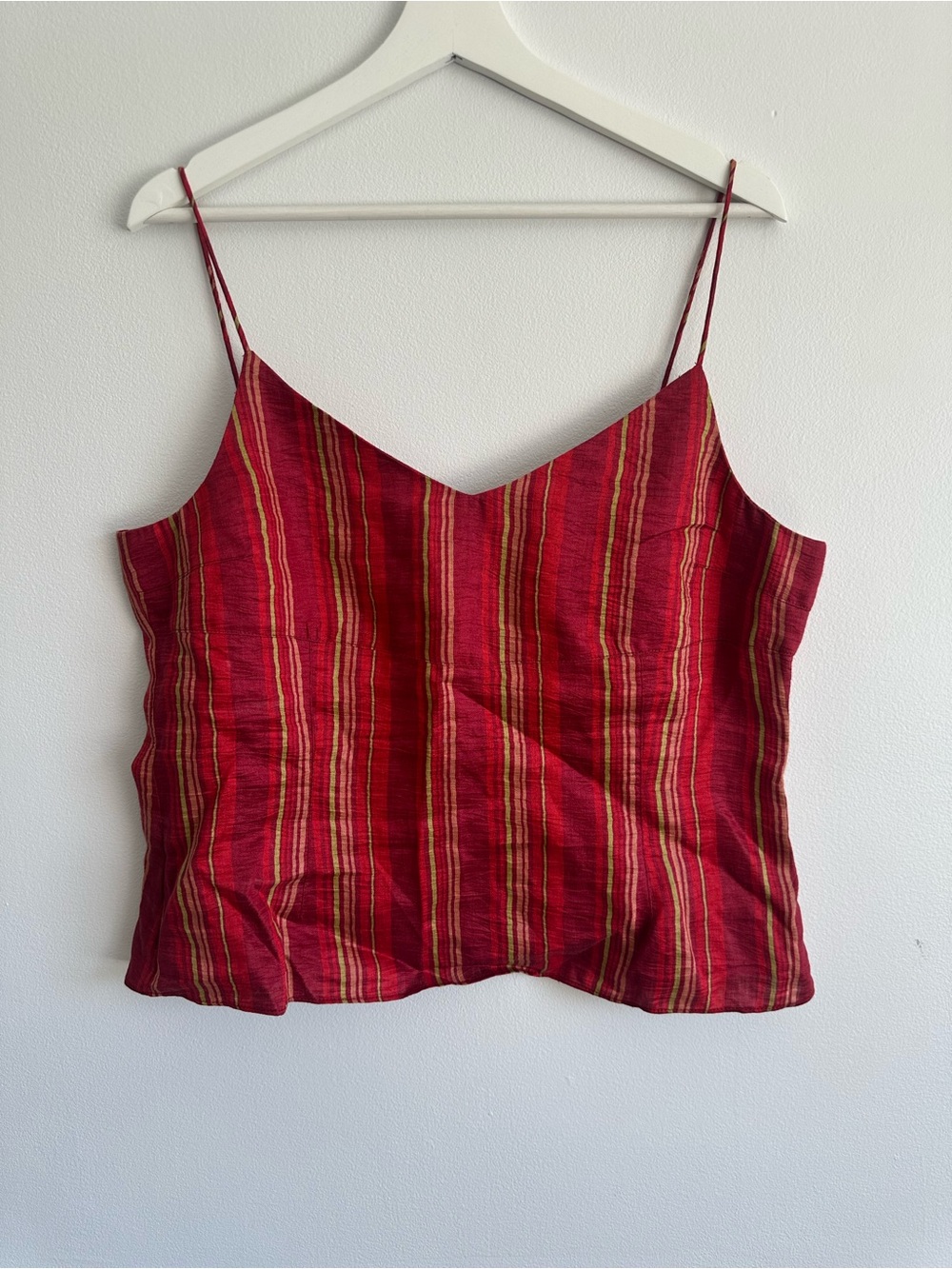 Franco Mirabelli Linen Blend Red V-Neck Spaghetti Strap Cami Top Stripes Large